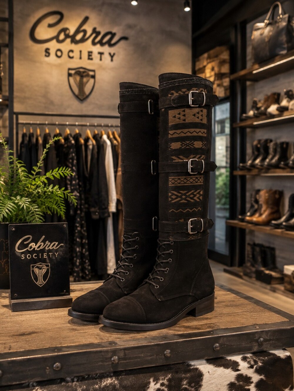 COBRA SOCIETY Black Buckle Suede Southwestern Equestrian Tall Boots EU40/US9-9.5